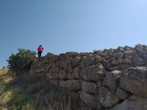 These massive outer fortification walls from about 3000 years ago protect the initial western approach to the site. This section preserves a visible front face of the wall about 2 meters high.